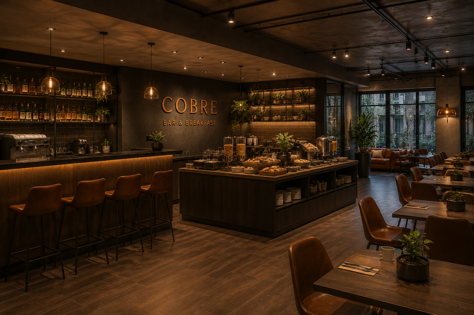 Bar y barra de desayuno buffet Cobre, con salón comedor