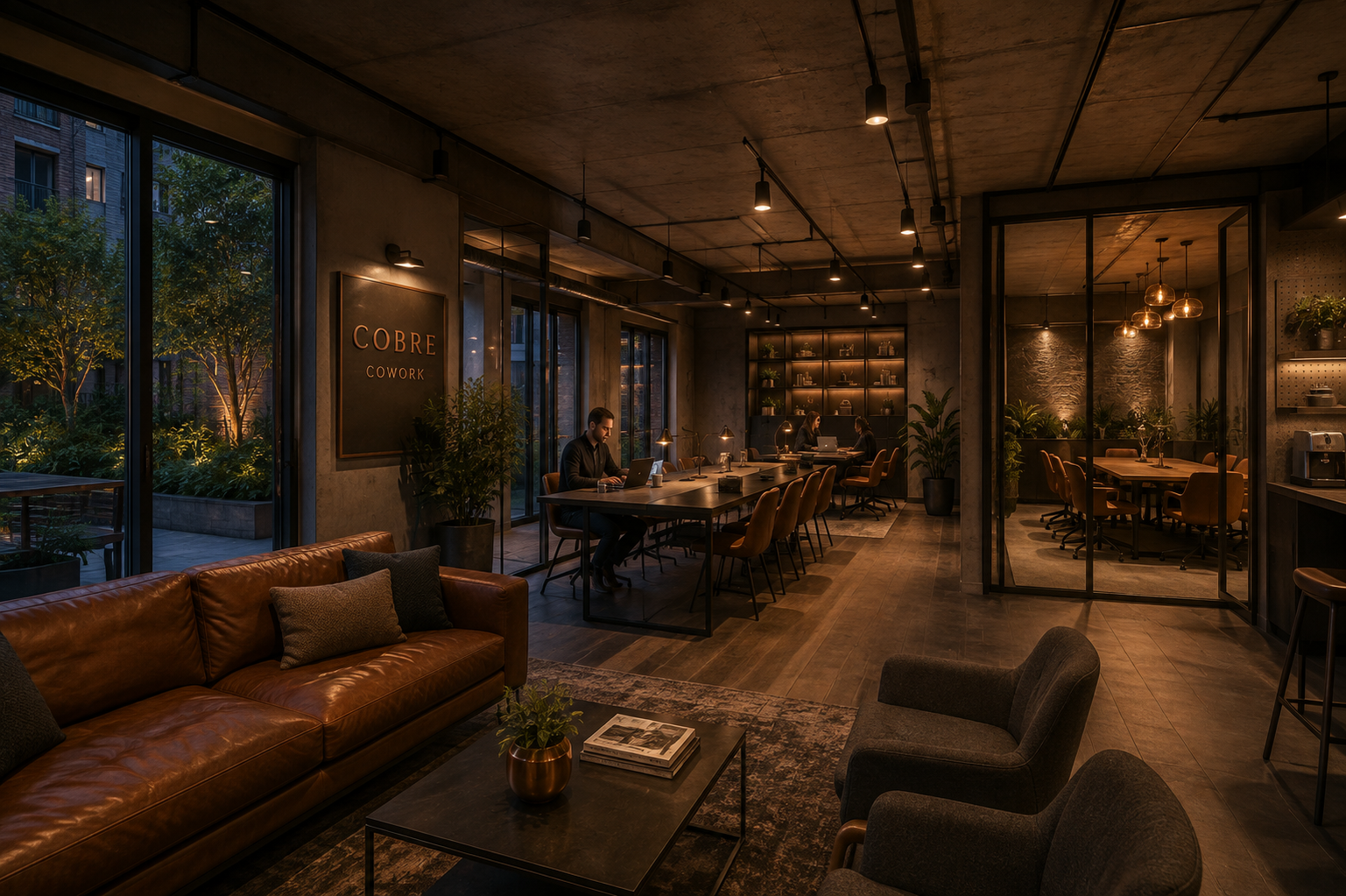 Sala de coworking Cobre, con puestos de trabajo, sala de reunión y living