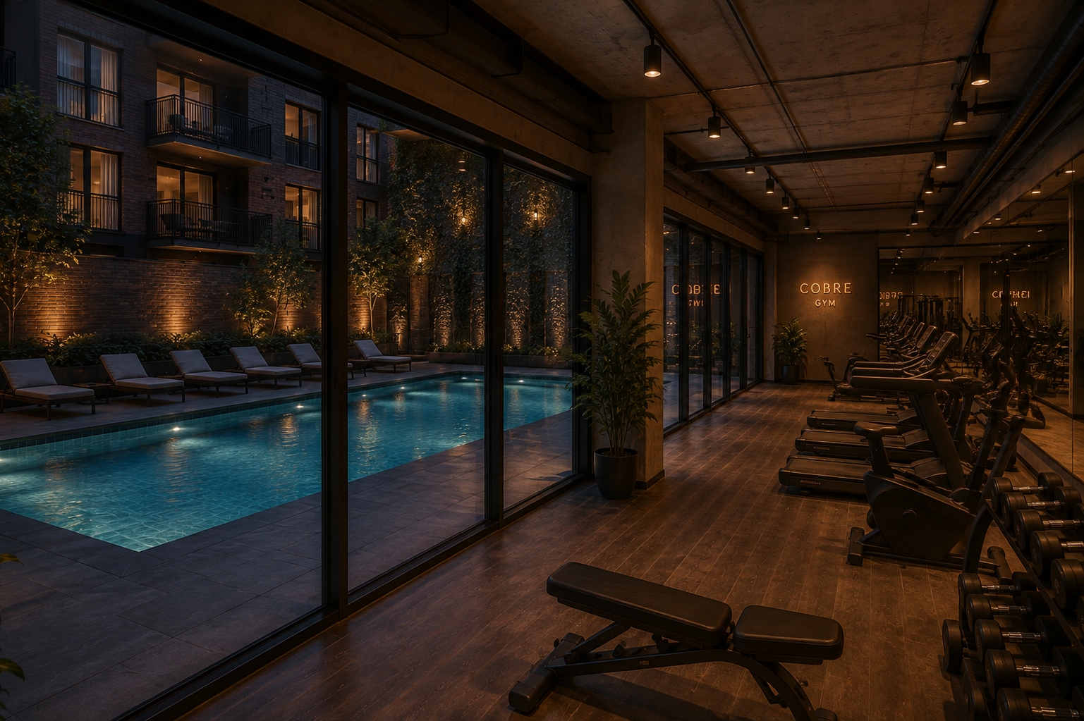 Gimnasio Cobre con vista a la piscina climatizada del edificio